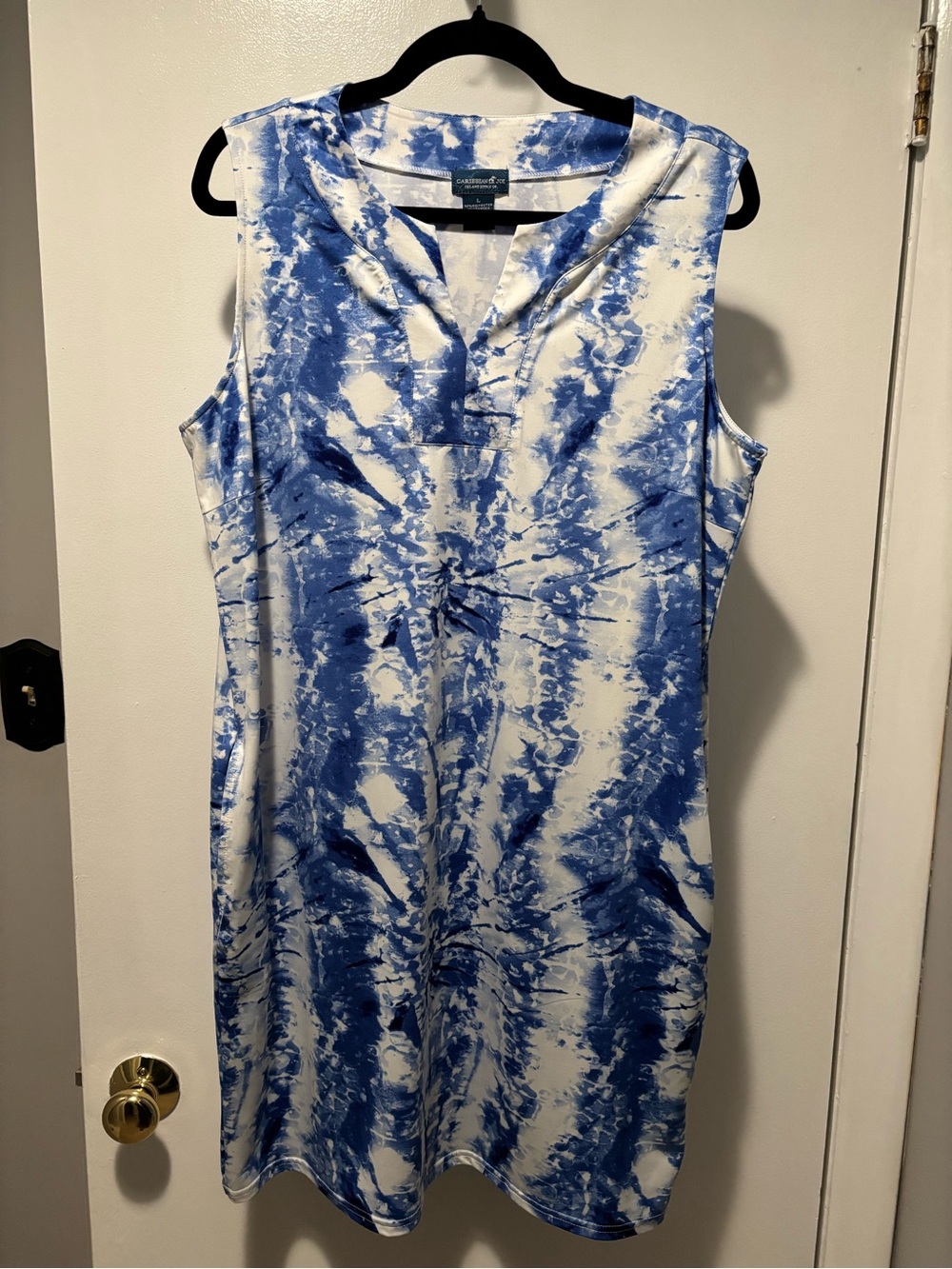 Caribbean Joe Blue and White Tie-Dye Sleeveless Shift Dress Large
